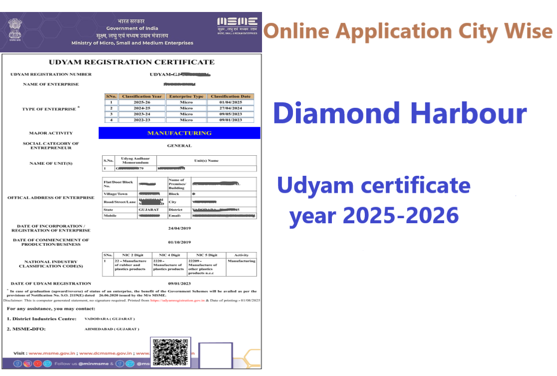 Diamond Harbour  Udyam Certificate Year 2025-2026
